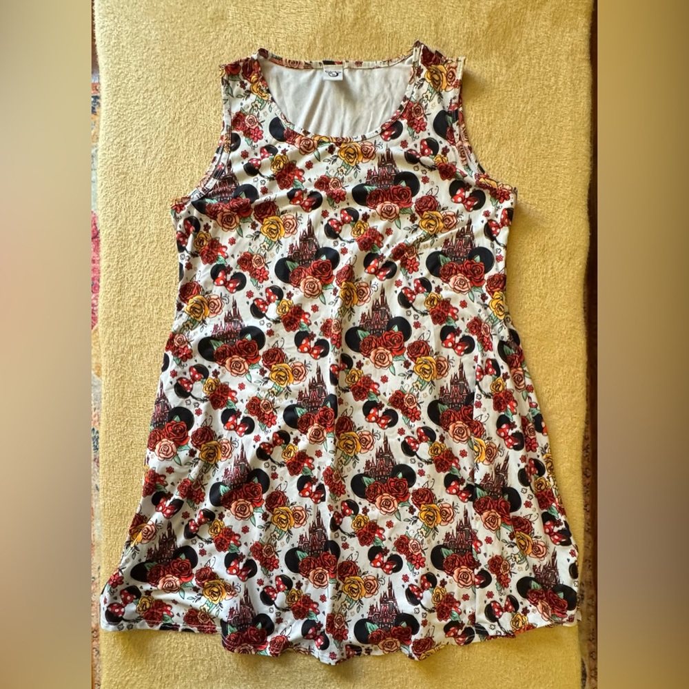 Sleeveless Floral & Icon Print A-Line Dress - White with Red & Yellow